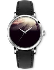 SPRAWL Aanalog Fashion Series Silver Ladies Watches of Genuine Black Leather Strap,Unique Wrist Watch for Women Girls Designed with Railway and guitar