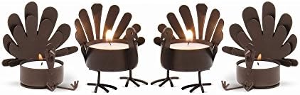 Thanksgiving Candle Holder Set Includes 4 Bronze Finish Turkey Candle Holders, 4 Tealight Candles