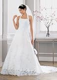 David's Bridal Wedding Dress: Petite Short Sleeve Satin Gown with Beaded Lace Style 7V9453