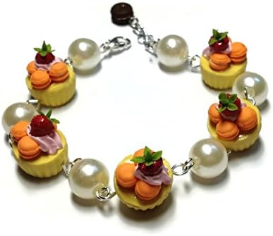 Sweetietiny Strand Bracelet Silver Plated Cupcake Macaron Orange Sweet Polymer Clay L6.5 Inch