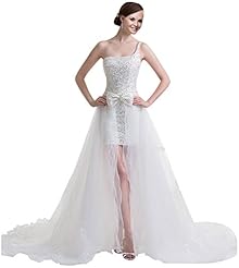 A-line  High-Low-Hem One Shoulder Sleeveless Crystal Lace  Beaded Sequined  Ball Gown Wedding Dress  With a Bow(s)