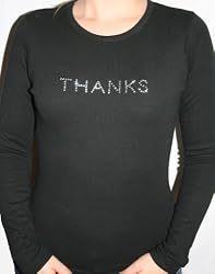 Black Long Sleeve THANKS Shirt with Clear Swarovski Crystal Design