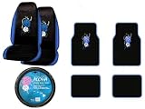 A Set of 4 Universal Fit Hawaiian Aloha Blue Plush Carpet Floor Mats and 1 Comfort Grip Steering Wheel Cover and A Set of 2 Universal Fit Seat Covers