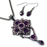 Purple Crystal Chandelier on Mesh Chain Necklace Earrings Set Fashion Jewelry