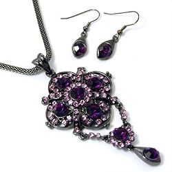 Purple Crystal Chandelier on Mesh Chain Necklace Earrings Set Fashion Jewelry