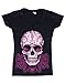 Shop4Ever® Skull Pink Roses Women V-Neck Day of Dead Shirts #16394 SLIM FIT