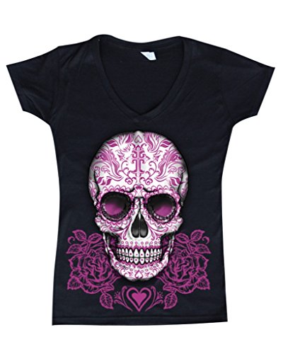 Shop4Ever® Skull Pink Roses Women V-Neck Day of Dead Shirts #16394 SLIM FIT