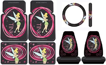 Tinkerbell Optic Pink Dot 7pc Combo Set Front & Rear Floor Mats, Seat Covers & Steering Wheel Cover with Bonus Tinkerbell Decal