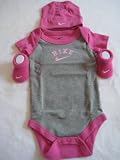 NIKE - Nike Girl Boy Shoulder Bodysuit Booties Cap 0-6 Months Blue/Navy or Pink/Grey with "NIKE" Local 3 Piece Infant Set New