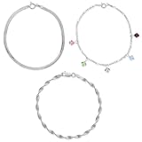 Sterling Silver Set of Three: 040-Gauge Triple-Flex Herringbone, Figaro with Multi-Colored Crystal Drops and 040-Gauge Magic-Twist-Chain Bracelets, 7