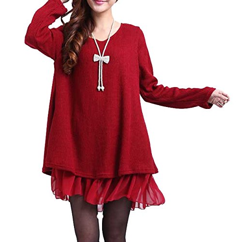 【 Big laugh 】 レディース チュニック ミニワンピース リボン 裾シフォン フリル 重ね着風 カットソー 長袖 無地