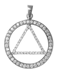 Alcoholics Anonymous AA Symbol Pendant, #1025, Sterling Silver, a Large Circle Triange of Beautiful Czs