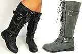 Womans Lace Up Army Biker Knee High Black Ladies Military Boots Size 3 4 5 6 7 8