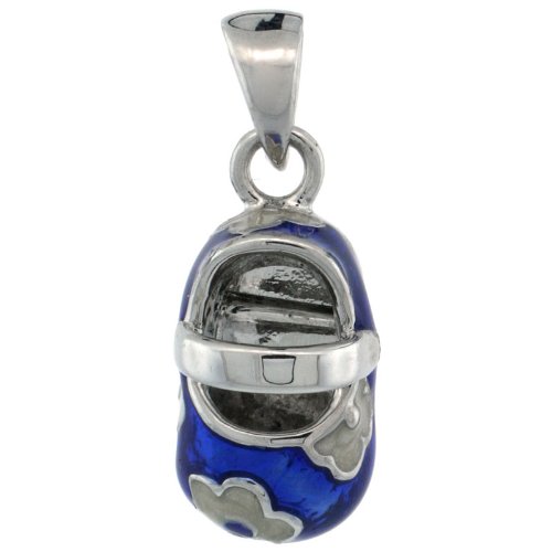 Sterling Silver Floral Blue & White Enamel Baby Shoe Pendant, 9/16 in. (15mm) tall