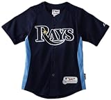 MLB Boys' Tampa Bay Rays Short Sleeve Authentic Button Front Cool Base Batting Practice Jersey (Navy/Columbia, Medium)