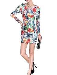 Cotton/Polyester Floral Print Ruched Peplum Above the Knee Long Sleeves Round Neck  Dress
