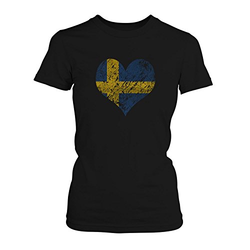 EM 2016 I Love Sweden – Damen T-Shirt von Fashionalarm | Shirt für Fußball Fans | Print im Vintage Destroyed Used Look | Europameisterschaft Europameister Trikot Herz Schweden, Farbe:schwarz;Größe:M