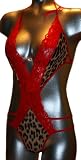 Sexy Animal Print Strappy Monokini Teddy Lingerie with Red Lace and Rhinestones