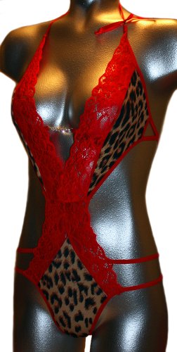 Sexy Animal Print Strappy Monokini Teddy Lingerie with Red Lace and Rhinestones