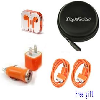 DigiChains® 5-in-1(1pcs cable free gift) Unique Mini Flat Design 30 Pin to Earphone/cable Hard Case/Bag + earphone + Wall Charger + Car Charger + Micro USB Data Charging Cable for Iphone 4 and 4s, Iphone 3g and 3gs, Ipod