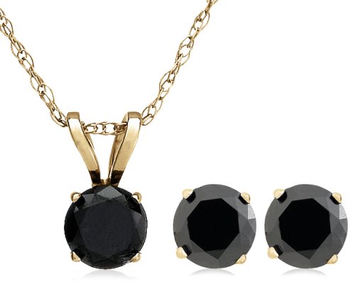 14k Yellow Gold Black Diamond Stud Earring and Pendant Set (1 cttw)