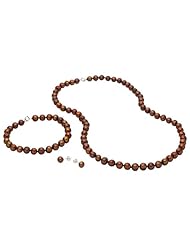 Valentines Jewelry Set Sterling Silver 6.5-7mm Genuine Freshwater Chocolate Pearl Necklace, Bracelet and Earring Set, Knotted