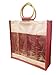 Maroon Color Jute Burlap 4 Bottle Wine Carry Bag with front window and with cane handles size 14