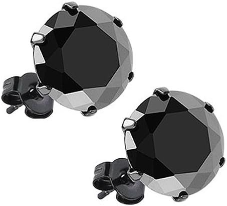 Pair of Black IP Stainless Steel Round Cut 3mm, 4mm, 6mm, 8mm, 10mm Black Cz Stud Earrings Mens and Womens (10mm (4 Carat Each))
