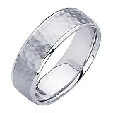 14K White Gold 7mm Comfort Fit Hammered Finish Designer Wedding Band Ring for Men & Women