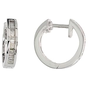 14k White Gold Diamond Huggie Earrings, w/ 0.28 Carat Baguette Diamonds, 1/2
