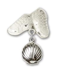 Sterling Silver Baby Badge with Shell Charm and Baby Boots Pin