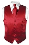 Biagio Mens Solid DARK RED SILK Dress Vest NeckTie Set for Suit or Tuxedo