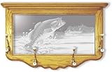 IMAGE OF Oak Wall Coat Rack With Bass Fishing Etched Mirror - Bass Fishing Decor - Unique Bass Fishing Gift Ideas - Fully Assembled - 30'' w x 18'' h