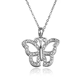 Platinum Plated Sterling Silver and Diamond Open Butterfly Pendant, 18