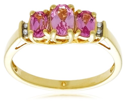 10k Yellow Gold June Birthstone 3-Stone Lab Created Pink Sapphire Ring w/ Diamond Accent, Size 7