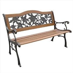 DC America SLP2660BRSP, Rose Resin Back Park Bench, Cast Iron legs, Rust-free Resin Back, and Hardwood Slats, Rust Resistant Bronze Finish