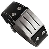 Men's Stainless Steel and Black Leather Buckle Bracelet