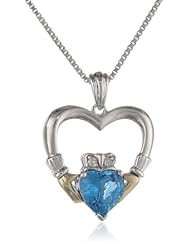 XPY Sterling Silver and 14k Yellow-Gold Heart Shape Blue Topaz and Diamond Claddagh Pendant Necklace (.02cttw, I-J Color, I3 Clarity), 18"