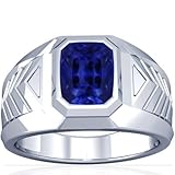 18K White Gold Emerald Cut Blue Sapphire Mens Ring (GIA Certificate)