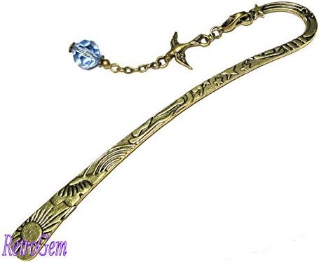 SALE Blue Faceted Glass Bead Antique Brass Charm Bookmark