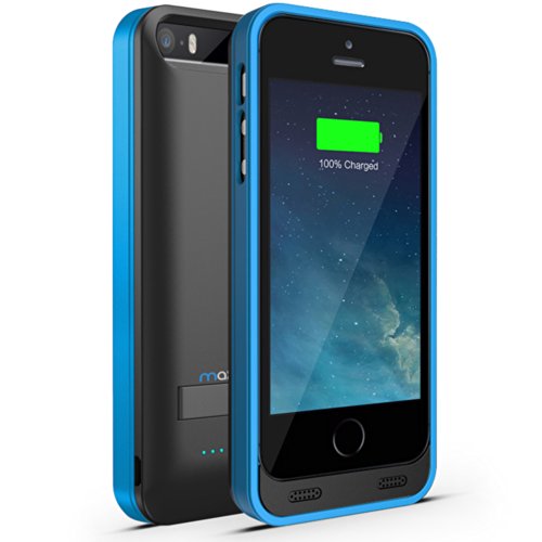 Maxboost Atomic S External Protective iPhone 5S Battery Case / iPhone 5 Battery Case with Built-in Kickstand - Matte Black / Blue (Apple MFI Certified, Fits All Versions of iPhone 5 / 5S - Lightning Connector Output, MicroUSB Input ) [100% Compatible with iPhone 5 / 5S on iOS 7.0+ , Strengthened MicroUSB Input Port, No Signal Reduction]