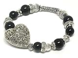 Filigree Metal Heart and Black Bead Stretch Bracelet Fashion Jewelry