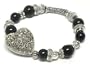 Silver Tone Filigree Metal Heart and Black Bead Stretch Bracelet Fashion Jewelry