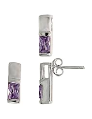 Sterling Silver Matte-finish Rectangular Earrings (13mm tall) & Pendant Slide (13mm tall) Set, w/ Emerald Cut Amethyst-colored CZ Stones