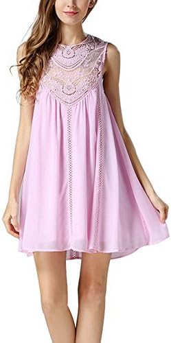 Women Floral Lace Chiffon Splicing Loose Casual Mini Sleeveless Cocktail Dress