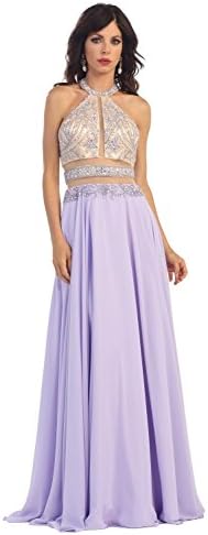 TwinMod Sheer Illusion Embellished Halter Prom Bridesmaid Dress (6, LILAC)