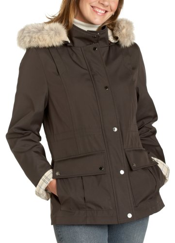 London Fog Women's Snap Front Fur Hooded Anorak with Plaid Lining