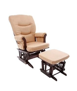 Dutailier Jenny Dark Cherry Glider Chair and Stool Set - Modena Camel Cushion