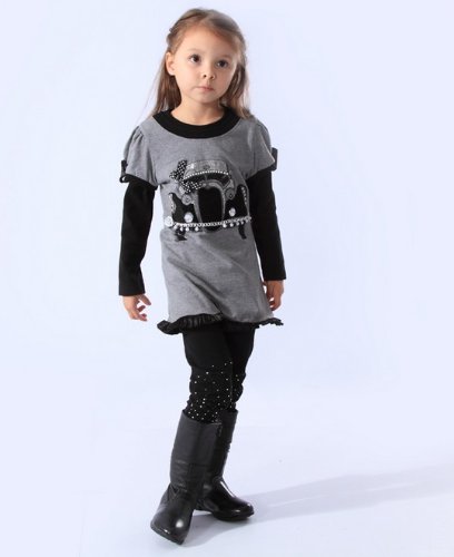 ガールズ 子供服 春服 Tシャツ ニット プリント 長セーター ロングスリーブ twoスモック MUCHU