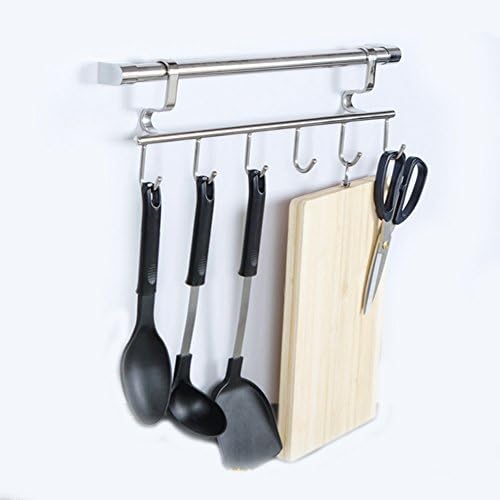 HANGOO Stainless Steel Pan &amp; Pot Rack with 6 Hooks Kitchen Storage Organizer Bar Shelf Utensil Hanger Wall Mount MHG-011 (42X13.5X6CM)